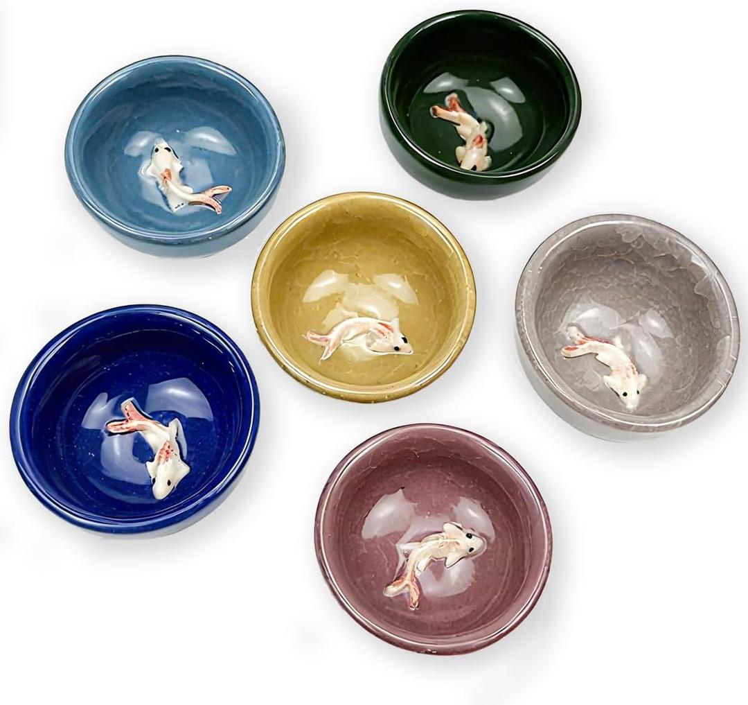 Korean Soju Shot Glasses 6-Piece Set, Porcelain Koi Fish Ceramic Cups, Handcrafted Ceramic Cups with Handcrafted Design