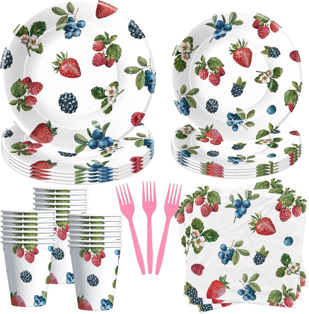Berry Party Decorations Tableware - Blueberry Strawberry Birthday Party Supplies, Paper Plate, Cup, Napkin, Fork, Berry Sweet Birthday Baby Shower Table Decorations Dinnerware | Serve 24