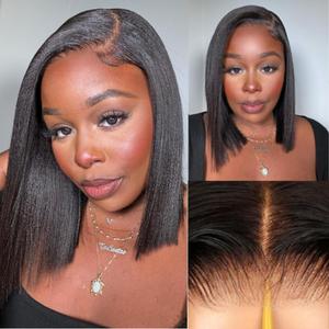 Nadula Glueless Yaki Straight Bob Bye Bye Knots 7x5 Lace Front Wigs Human Hair Pre Plucked Invisible Knots Pre Everything 3S Ready to Wear Short Yaki Bob Wigs Pre Cut 150% Density 10inch 