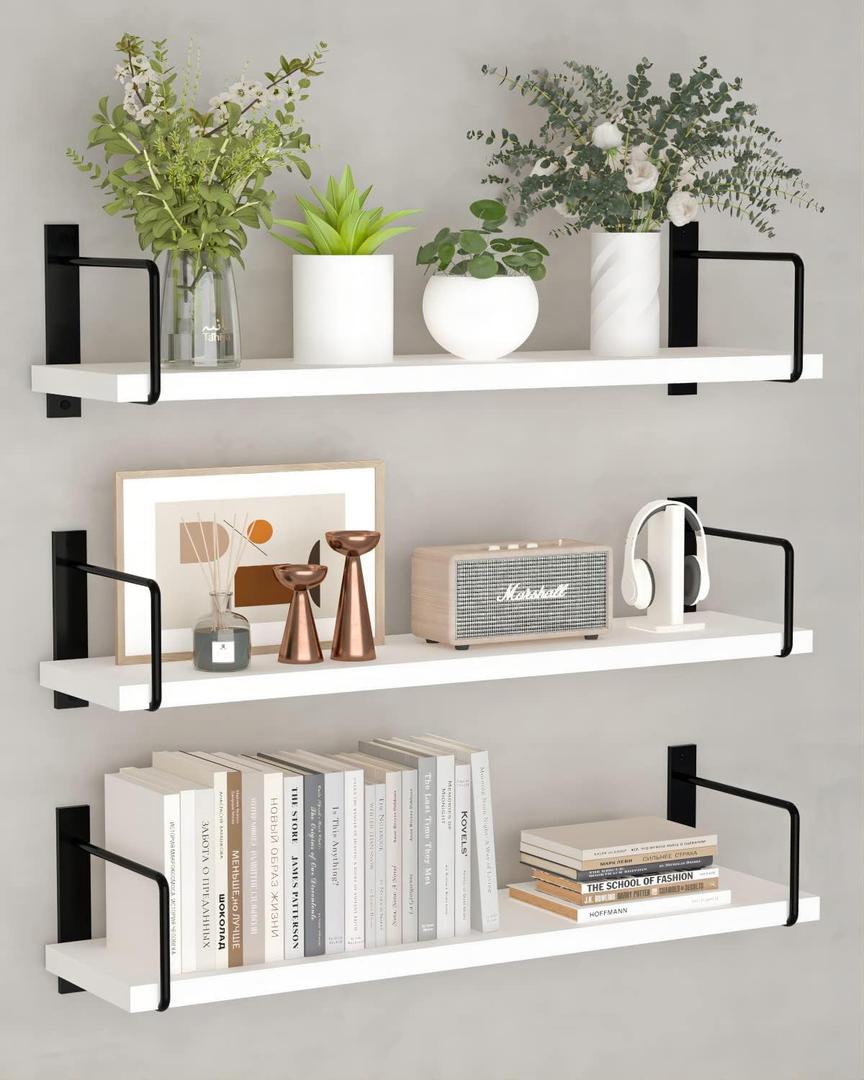 Floating Shelves - 24 Inch Wall Mounted Set of 3, Rustic Wood Shelves for Living Room Storage and Wall Decor (White)