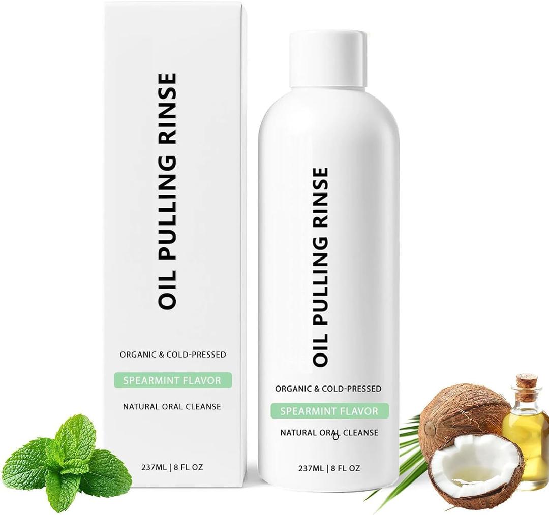 Spearmint Oil Pulling Rinse, Oil Pulling Rinse, Cold-Pressed Coconut Mouthwash for Teeth, Peppermint Mouthwash Freshness for Teeth and Gums, 8 Oz
