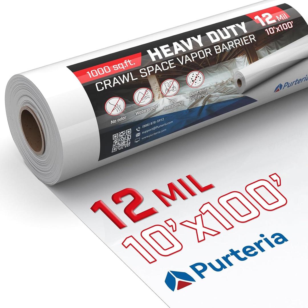White Crawl Space Vapor Barrier, 12mil 10x100' Plastic Sheeting | Thick Plastic Sheeting, Heavy Duty Polyethylene Film, Drop Cloth Covering for Crawlspace, Basement