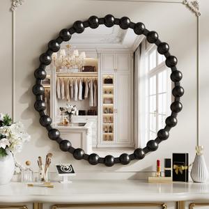 Round Vanity Mirror with Beaded Frame, 24 Inch Circle Wall Mirror for Bedroom Dresser, Entryway, Bathroom, Living Room, Decorative Hanging Wall Mirror, Black