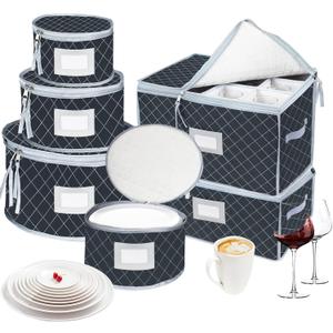 VERONLY China Dinnerware Storage Containers Set- Dish,Mug,Stemware Storage Cases - Quilted Box Bins Stackable with Divider,handles,Clear Window for Cups,Plates,Wine Glasses Moving Set of 6 (Grey