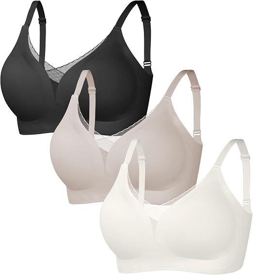 3-Pack Wireless Womens Bras No Underwire Push Up Padded Bra Support Bralette Ultra Comfort T-Shirt Everyday Bra, Size L