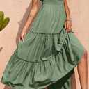 PRETTYGARDEN Women's Cross Neck Spring Sleeveless Tiered Maxi Dress Beach Tie Strap Smocked Long Dresses Pleated Sundress (Green, L)
