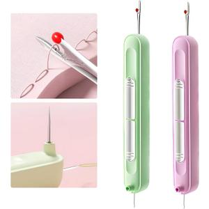 Upgraded 2 in 1 Automatic Needle Threaders Seam Ripper,Quilting Supplies Sewing Kit,Quick Sewing Machine Loop Needle Threaders (2PCS-Purple,Green)