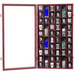 Shot Glass Display Case Large Wooden Cabinet Rack Holder Wall Mounted Mahogany Shadow Box Lockable with UV Protection Acrylic Glass Door Shot Glass Storage with Removable Shelves, 17"x32", 52 Slots