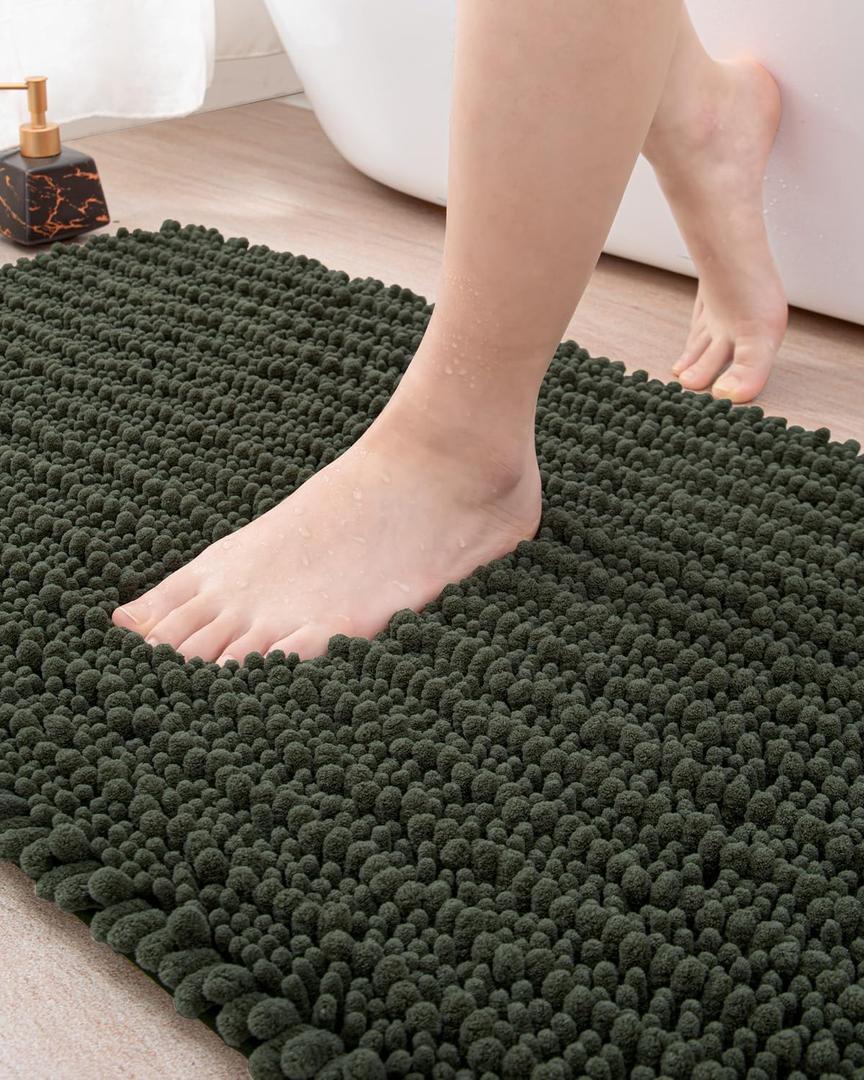 DEXI Bathroom Rug 20x32, Super Soft Thick Chenille Absorbent Bath Mat, Non Slip Machine Washable Fluffy Shag Bathmat for Tub, Shower Floor, Olive Green