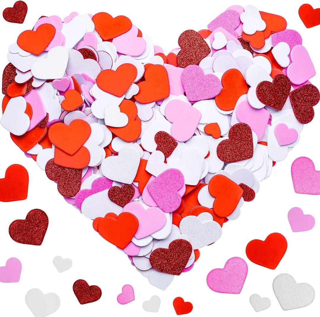Tatuo 600 Pieces Valentines Day Foam Heart Stickers Colorful Self-Adhesive Heart Shaped Stickers for Arts Craft, Greeting Cards, Scrapbook Decoration (3 Colors, Glitter)