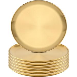 MOUYAT 6 PCS 10 Inch Large Stainless Steel Plate, 26cm Round Dinner Metal Plates, Metal Salad Steak Plates Reusable Dinner Dish for Eating Serving Camping Outdoor BBQ Home Kitchen, Frosted Gold
