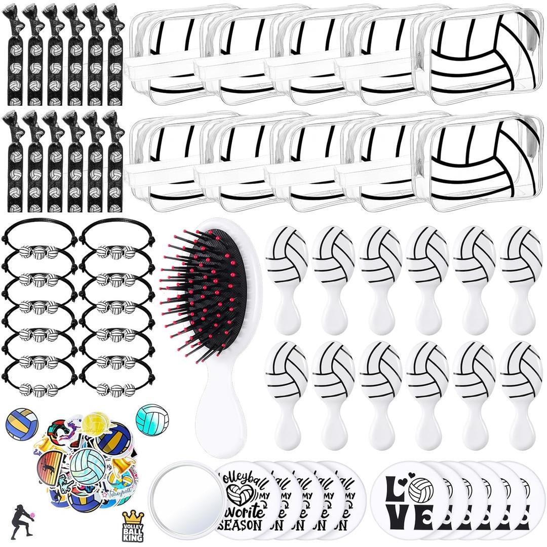 Meanplan 160 Pcs Volleyball Party Favors Volleyball Team Gifts Set Sports Accessories Include Cosmetic Bags Bracelets Hair Ties Hairbrushes Compact Mirrors Stickers for Sports Party Supplies