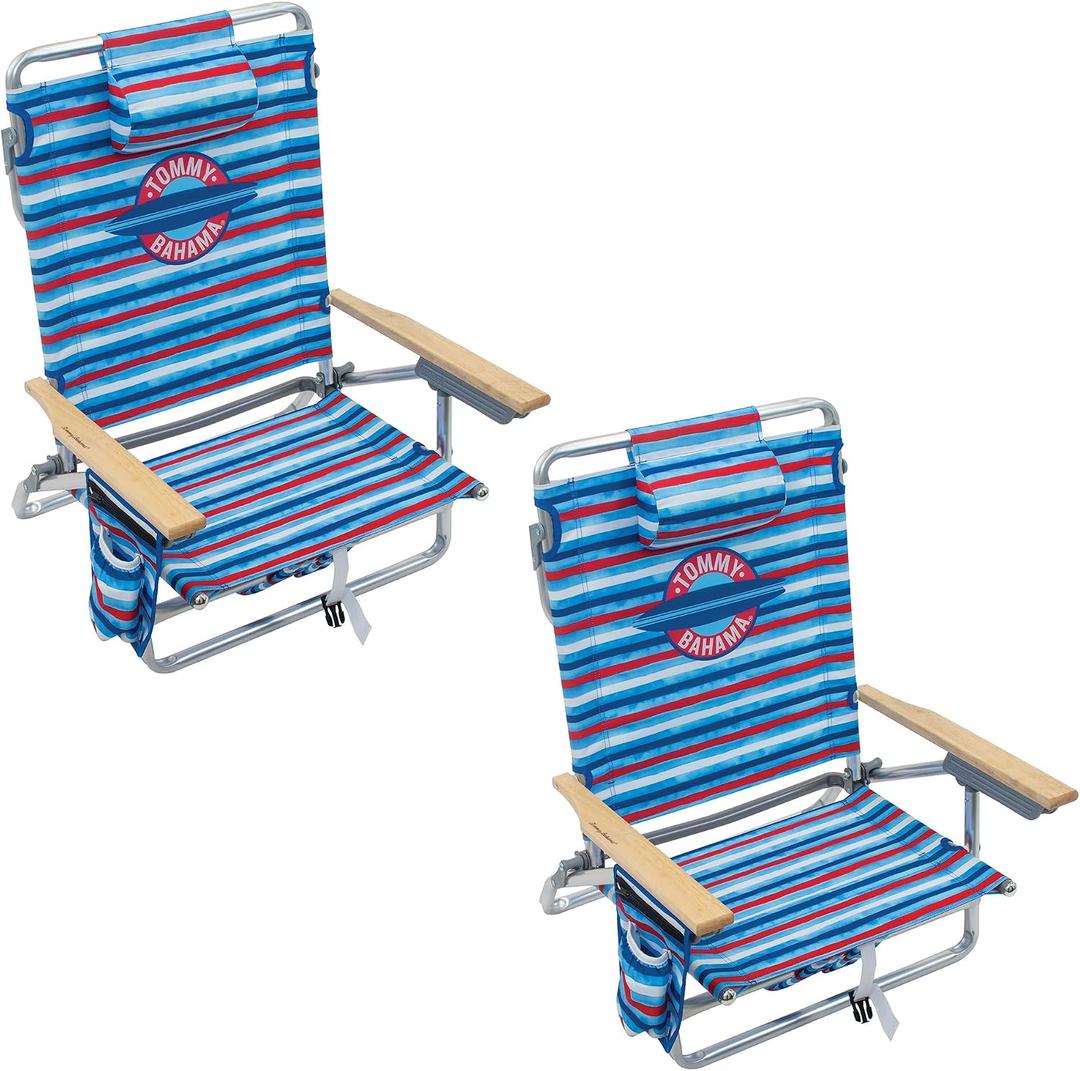 Tommy Bahama 2-Pack 5-Position Classic Lay Flat Backpack Beach Chair with Cooler and Cup Holder, Portable Folding Beach Chair for Tanning, Red/White/Blue
