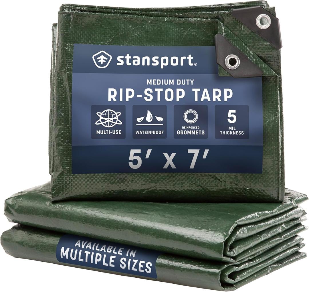 Stansport Medium-Duty Rip-Stop Tarp 5' x 7' - Dark Green (T-57) - Medium Duty Waterproof for Outdoor Camping - 5 Mil Thick, Durable and Reliable Cover for All Your Camping Needs