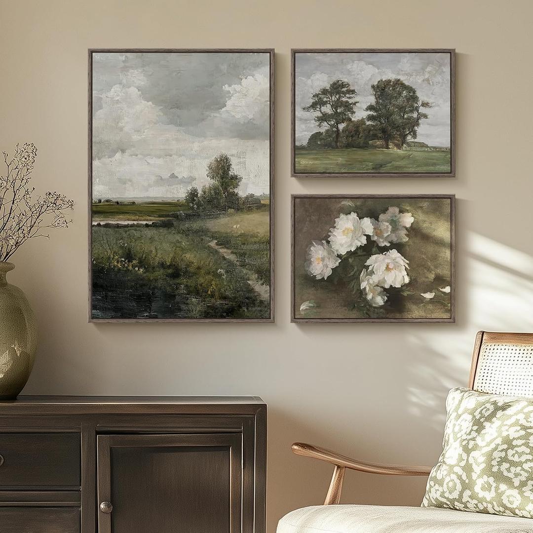 3 Piece Framed Vintage Landscape Canvas Wall Art Set, Large Green Tree and Floral Farmhouse Artwork for Walls, French Country Retro Nature Prints Paintings for Living Room Bedroom Fireplace Wall Decor, 24" H x 30" W