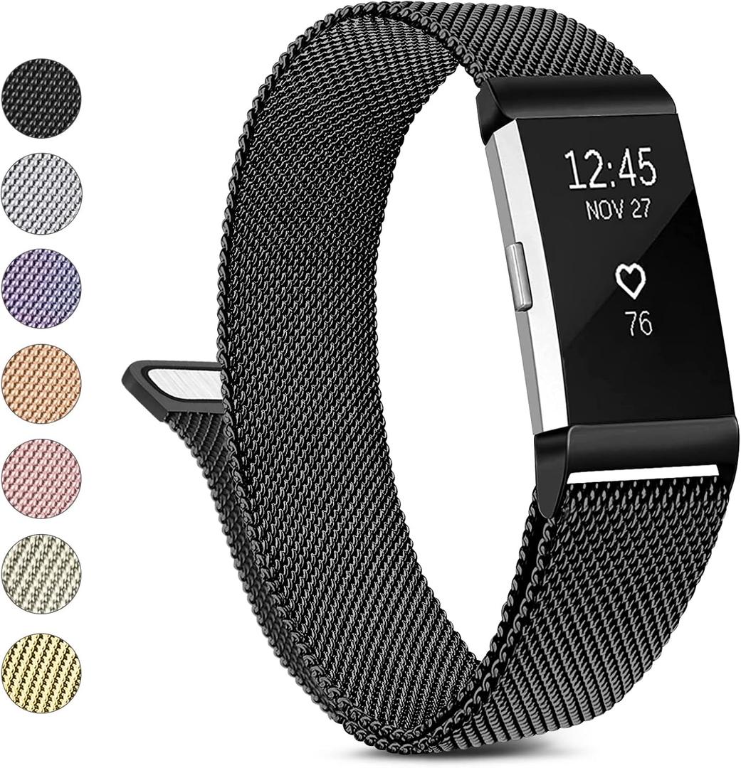 Metal Band Compatible with Fitbit Charge 2 Bands Women Men, Stainless Steel Mesh Loop Adjustable Wristband Replacement Strap for Fitbit Charge 2 (Large, Black)