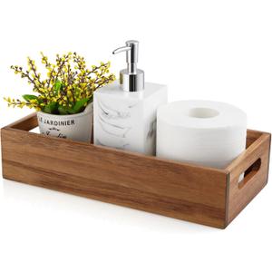 ALELION Acacia Wood Bathroom Storage Basket for Organizing - Toilet Paper Basket with Handle for Back of Toilet Tank Top Topper - Small Narrow Baskets for Kitchen Pantry Garage Laundry Room Storage