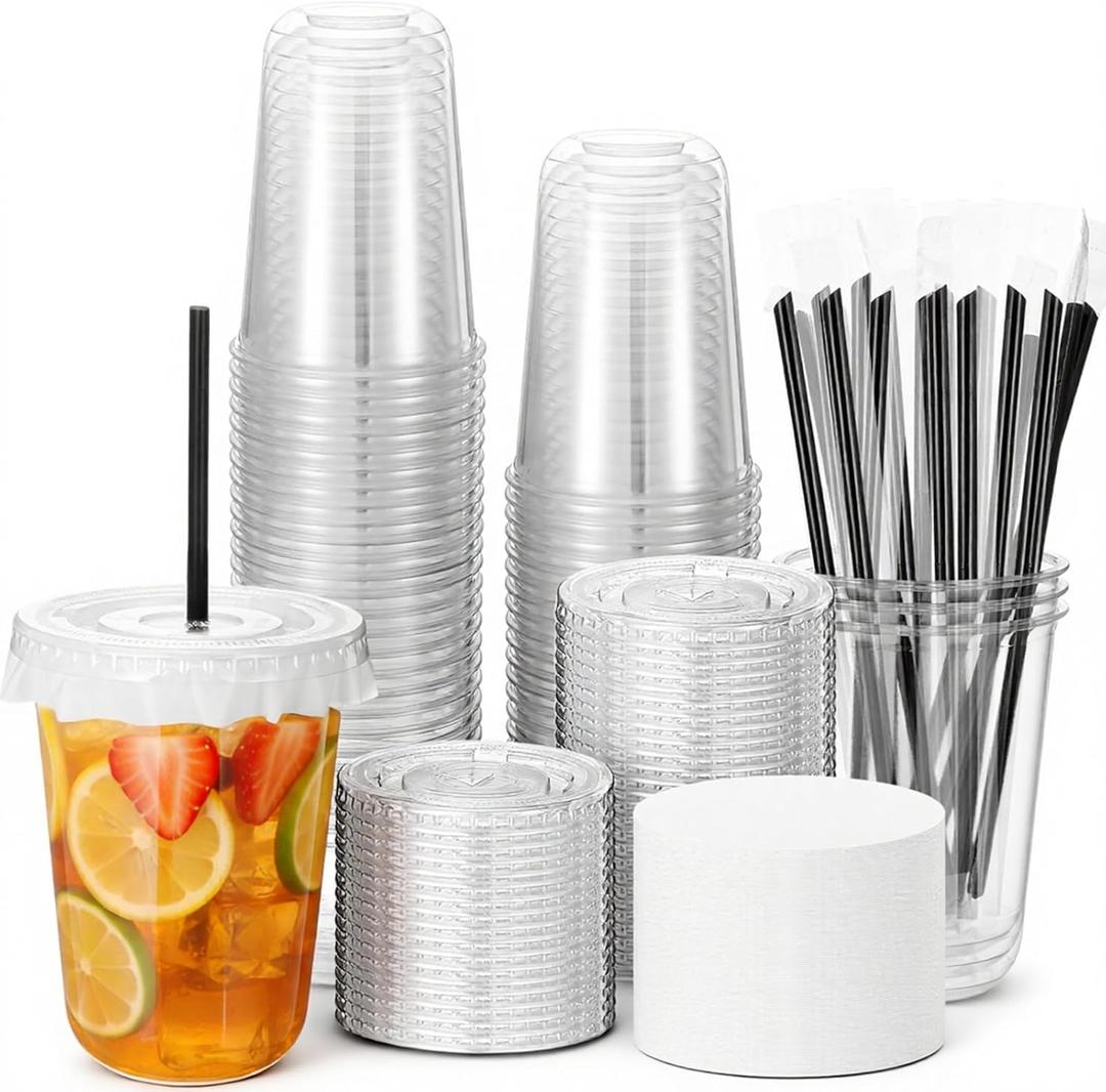 50 Set 16 oz Clear Plastic Cups with Lids, Straws, and Leak-Proof Paper, Disposable Plastic Iced Coffee Cup, Disposable Food Safe Coffees Cup for Cold Drinks, Coffee, Dessert Cups