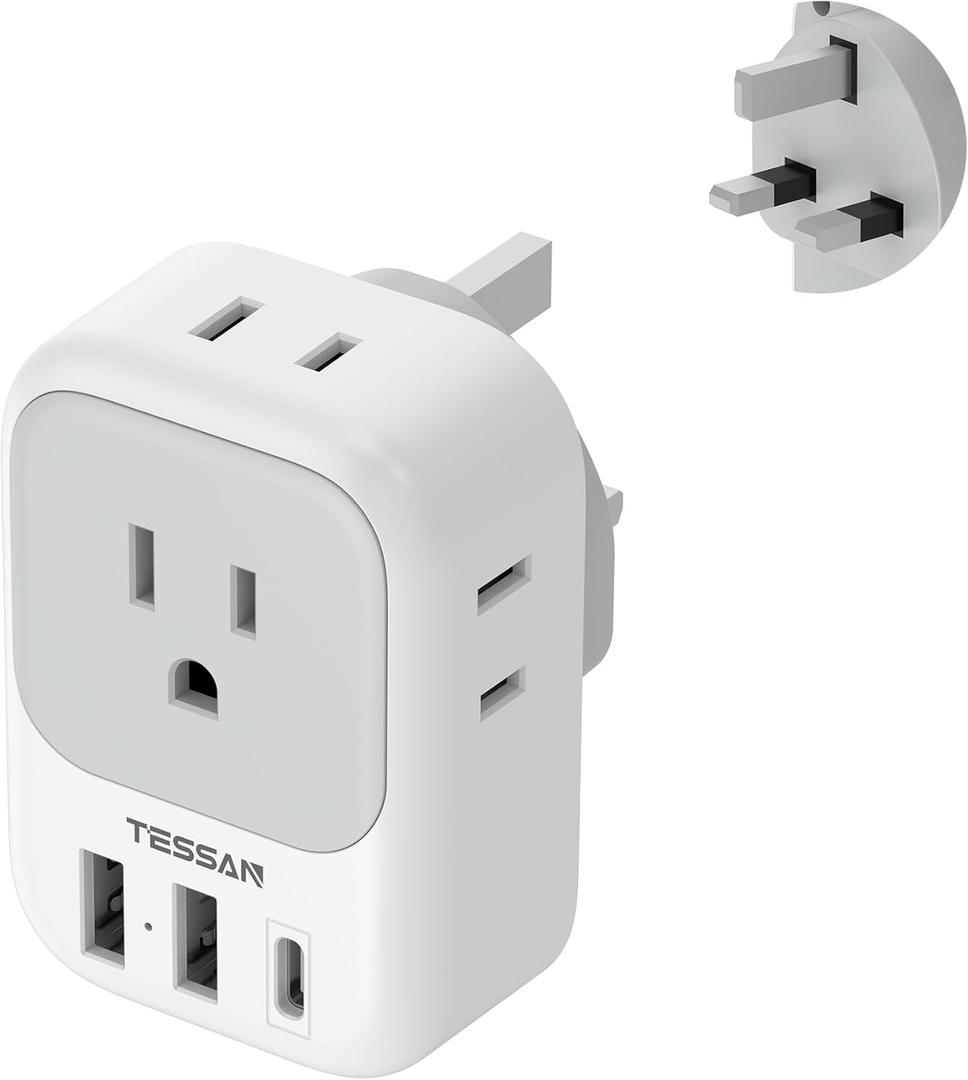 US to UK Plug Adapter, TESSAN Type G Travel Converter with 3 USB Charger(1 USB C Port), 4 Outlets Power Adaptor for USA to Qatar Ireland Hong Kong England Scotland Kenya Dubai London British (Type G-Gray)