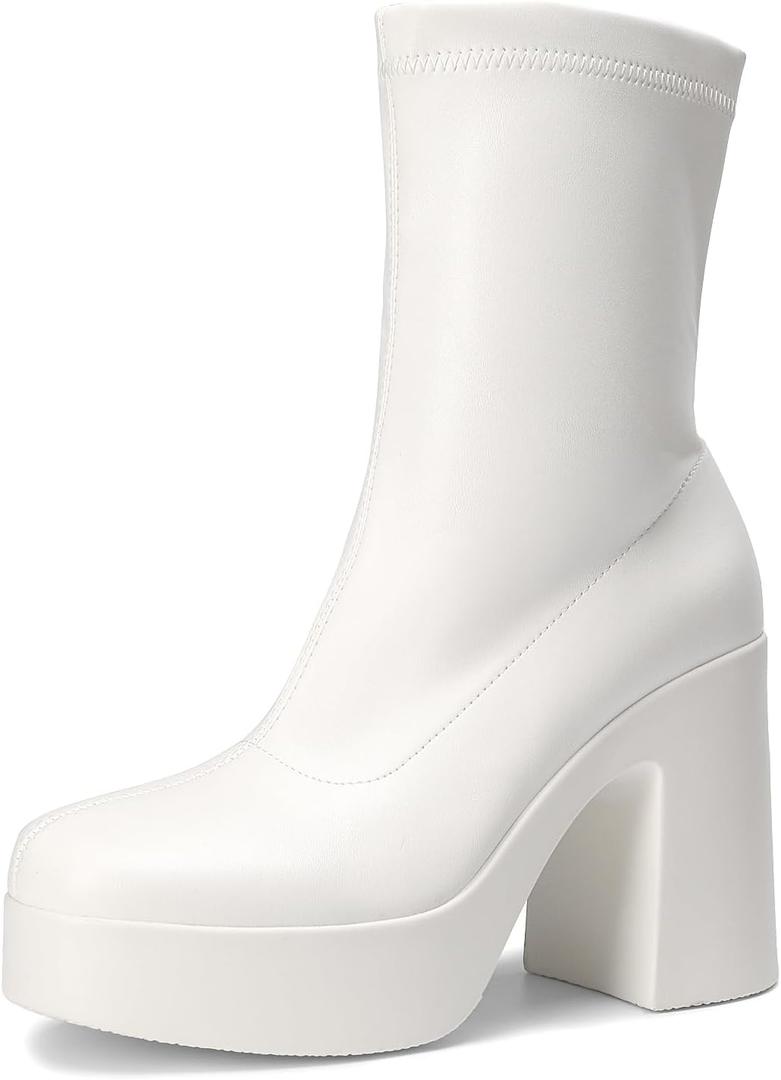 DREAM PAIRS Women's Platform Gogo Ankle Boots High Chunky Block Heel Square Toe Booties Shoes (7.5, White)