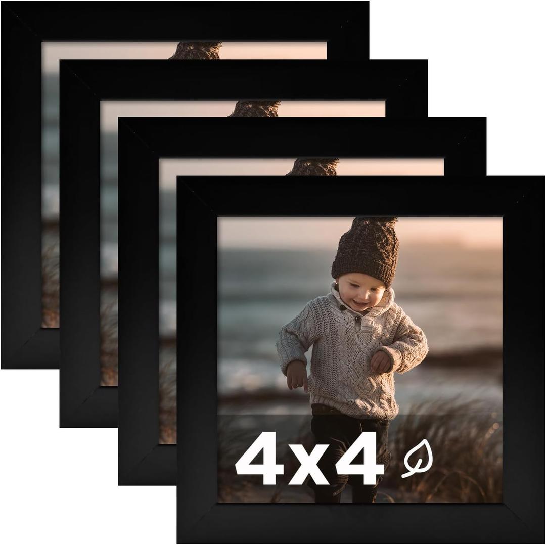 KINLINK 4x4 Picture Frame Black Set of 4, Wooden Square Photo Frames with Plexiglass for 4x4 without Mat for Table and Wall Display