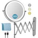 5000mAh Rechargeable Wall Mounted Makeup Mirror - 8 Inch Double Sided 1X/30X Magnifying Mirror with 3 Color Lights Dimmable Touch Screen, 360Swivel 19.6 Inch Extendable Accordion Bathroom Mirror (Chrome)