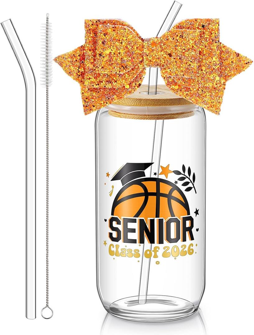 Hushee Class of 2026 Senior Night Gifts 16 oz Glass Water Bottle with Lids Straws Glitter Bow Straw Topper Senior 2026 Tumbler Graduation Gift for Her Women Team Coach Player (Basketball)