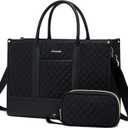 LOVEVOOK Laptop Bags for Women, 17 inch Waterproof Work Tote Bag with Clutch, Professional Teacher Computer Purse Lightweight Shoulder Bag Travel, Quilted Black