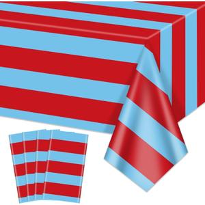 4 Pcs Red and Blue Striped Tablecloths, Carnival Circus Party Decorations, Plastic Table Cover for Circus Party Movie Night Birthday Fiesta Decor, 51 x 86in