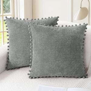 CaliTime Throw Pillow Covers Decorative 22 X 22 Inches Pack of 2 Cozy Solid Dyed Soft Chenille Cushion Cases with Pom Poms for Couch Sofa Bed Living Room Home Medium Grey
