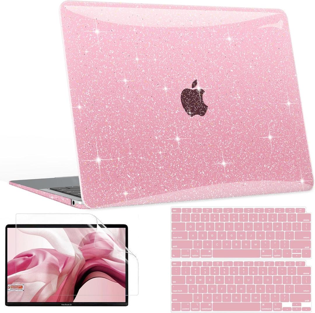 B BELK Compatible with MacBook Air 13 inch Case 2022 to 2018 Released A2337 M1 A2179 A1932 with Touch ID, Sparkly Plastic Hard Shell Cover + 2 Keyboard Covers + Screen Protector, Glitter Pink
