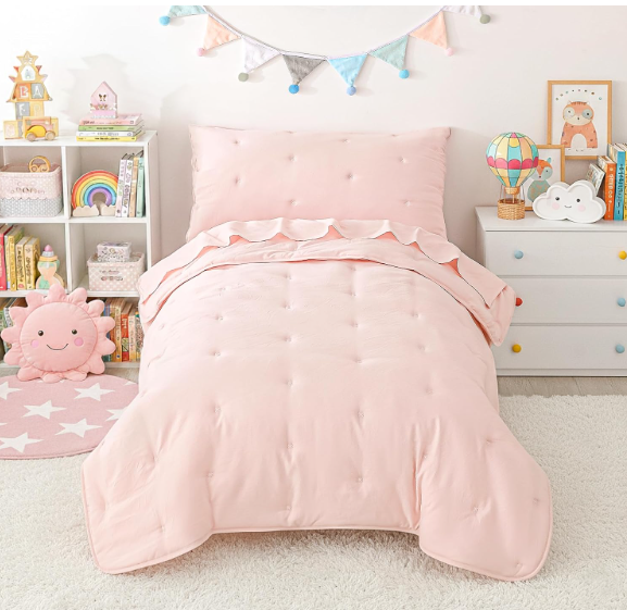 DreLunis Toddler Bedding Set for Girls Boys, 4 Piece Toddler Bed Comforter Sets, Soft Microfiber Kids Bed-in-a-Bag Includes Reversible Comforter, Flat Sheet, Fitted Sheet, Envelope Pillowcase, Beige