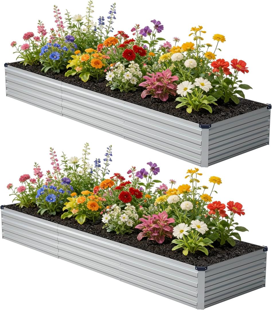 zunatu 12x2x1 ft(2 Pack) Galvanized Raised Garden Bed,Outdoor Planter Box Metal Patio Kit Planting Bed for Vegetables Flowers and Succulents, Silver
