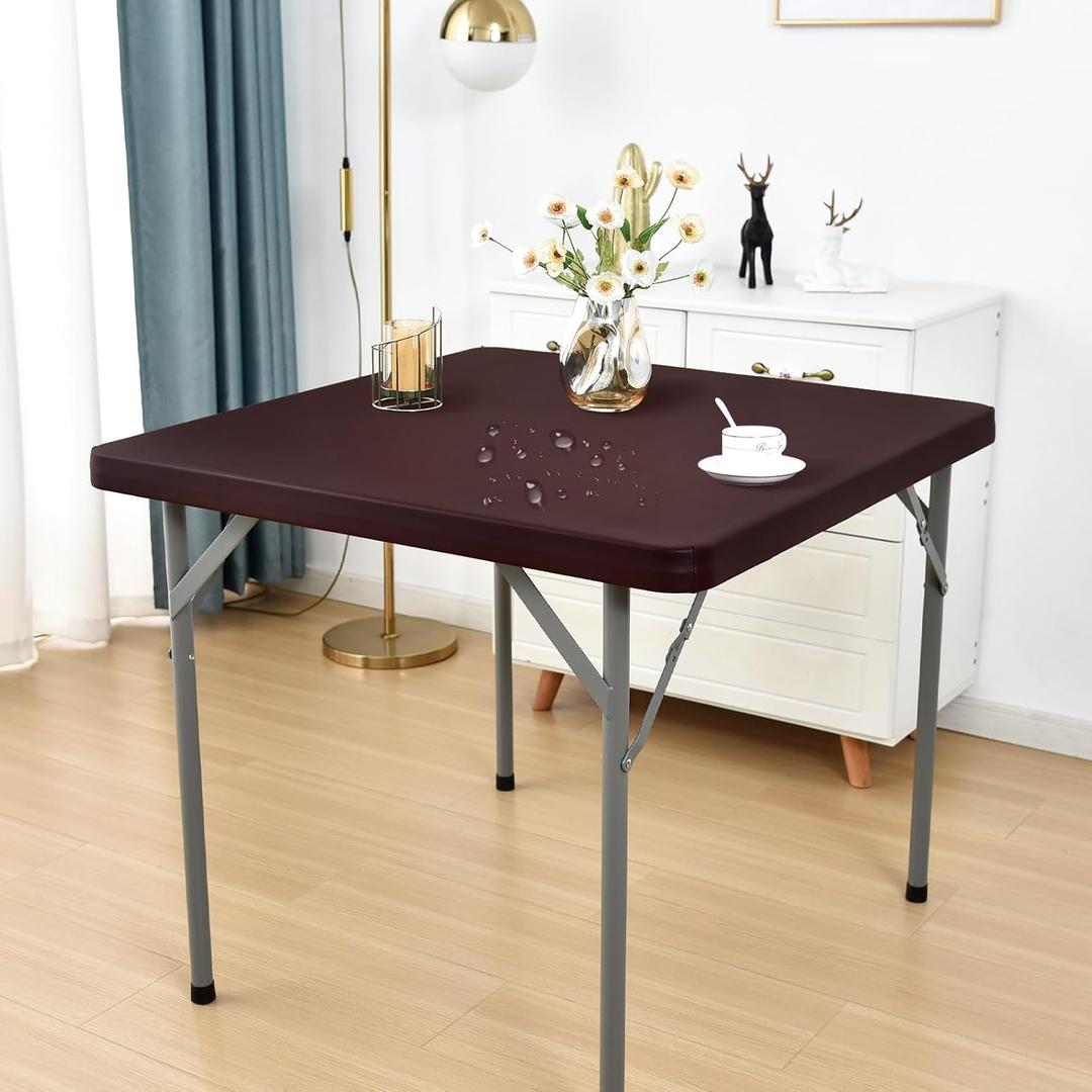 PU Waterproof and Oilproof Fitted Tablecloth Elastic Stretch Table Cover, Wipeable Square Table Cloth for Kitchen, Dining, Picnic, Party, Indoor and Outdoor (Chocolate, 36"x36")