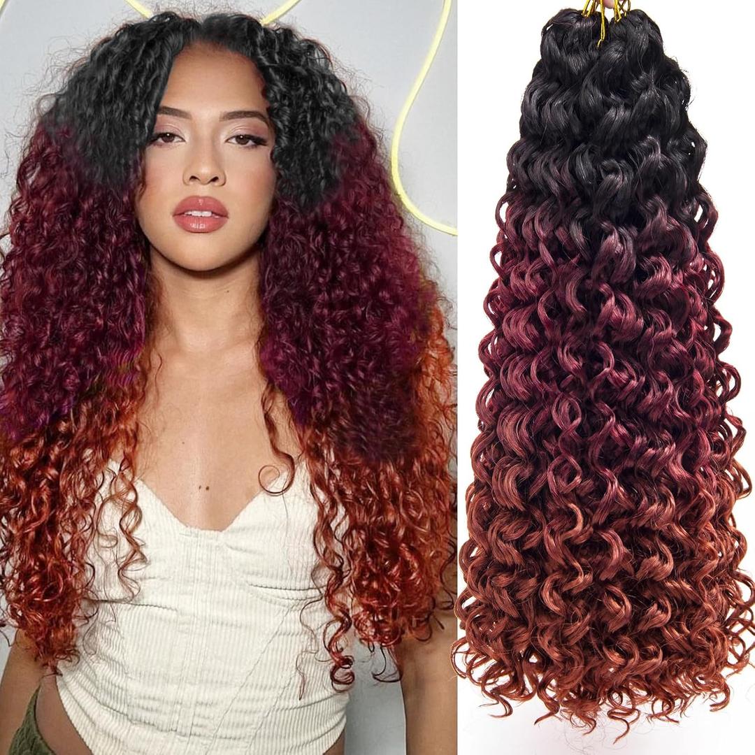 GoGo Curl Crochet hair 18inch Water Wave Crochet hair Ombre Synthetic Bohemian Crochet Braid Deep Wave Braiding hair Extensions (5Packs,1B/530/350) (1B/BUG/RED)