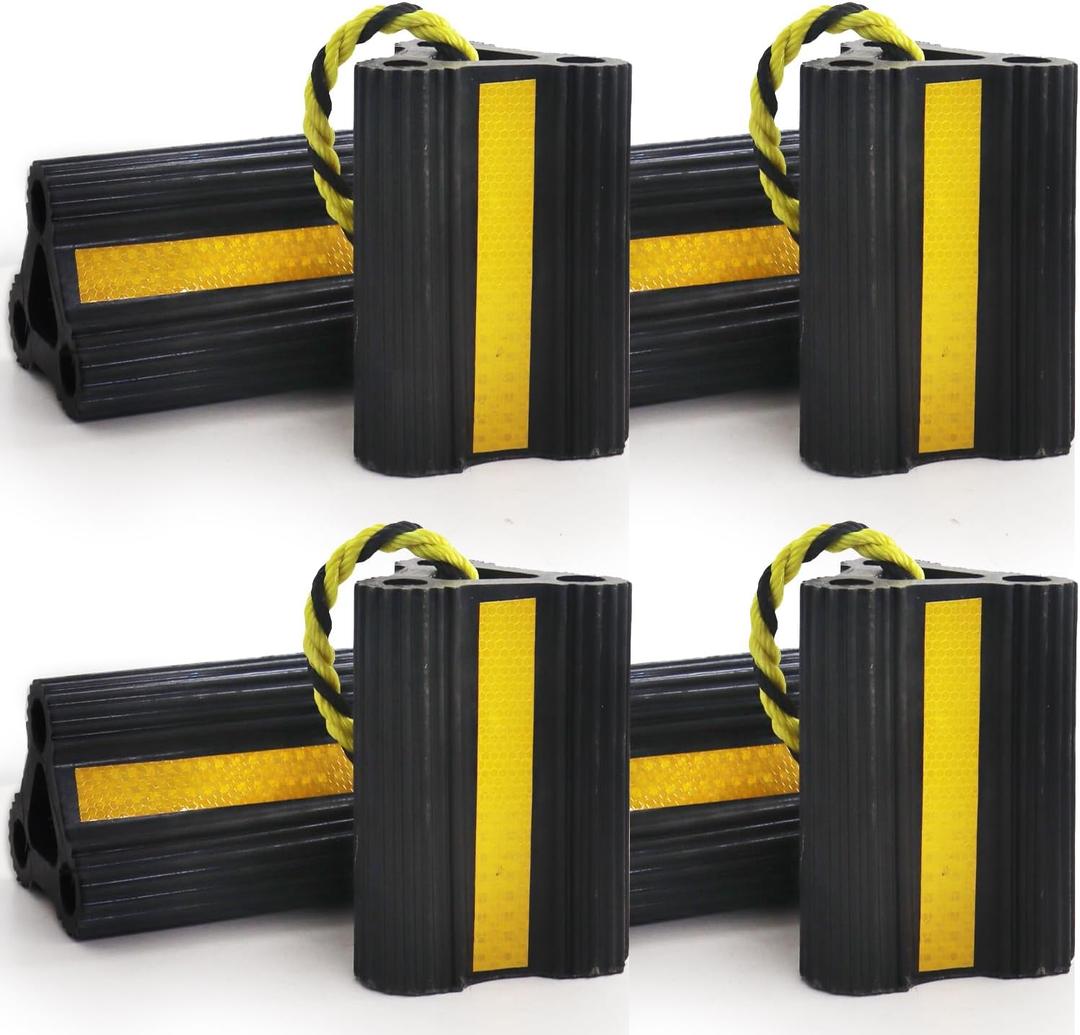 Wheel Chocks for RV Trailers 4Pair/8Pack with Rope, Rubber Tire Chocks Block Stopper with Reflective Strips for Camper Truck Car Wheel Immobilizers & Chocks, Travel Trailer RV Accessory