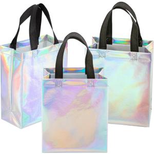 Ronvir 30 Pcs Medium Iridescent Glossy Gift Bags with Handles Bulk,8x4x10 inch Non Woven Holographic Reusable Party Favor Bags for Birthday, Christmas, Goodie,Wedding, Holiday,Employee Appreciation