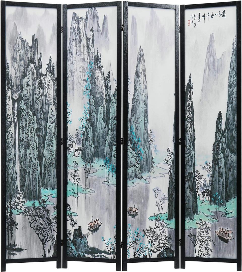 MyGift 4-Panel 6FT Folding Room Divider Asian Watercolor Oriental Landscape and Chinese Calligraphy Design with Freestanding Room Partitioner Screen with Black Wood Frame 63''W x 69''H