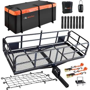 MeeFar High Rail Trailer Folding Hitch Mount Cargo Carrier Basket 60" X 24" X 14"+Waterproof Cargo Bag 20 cu ft(59" 24" 24"), Capacity of 500 Lbs with Hitch Stabilizer, Net, Lock and Straps