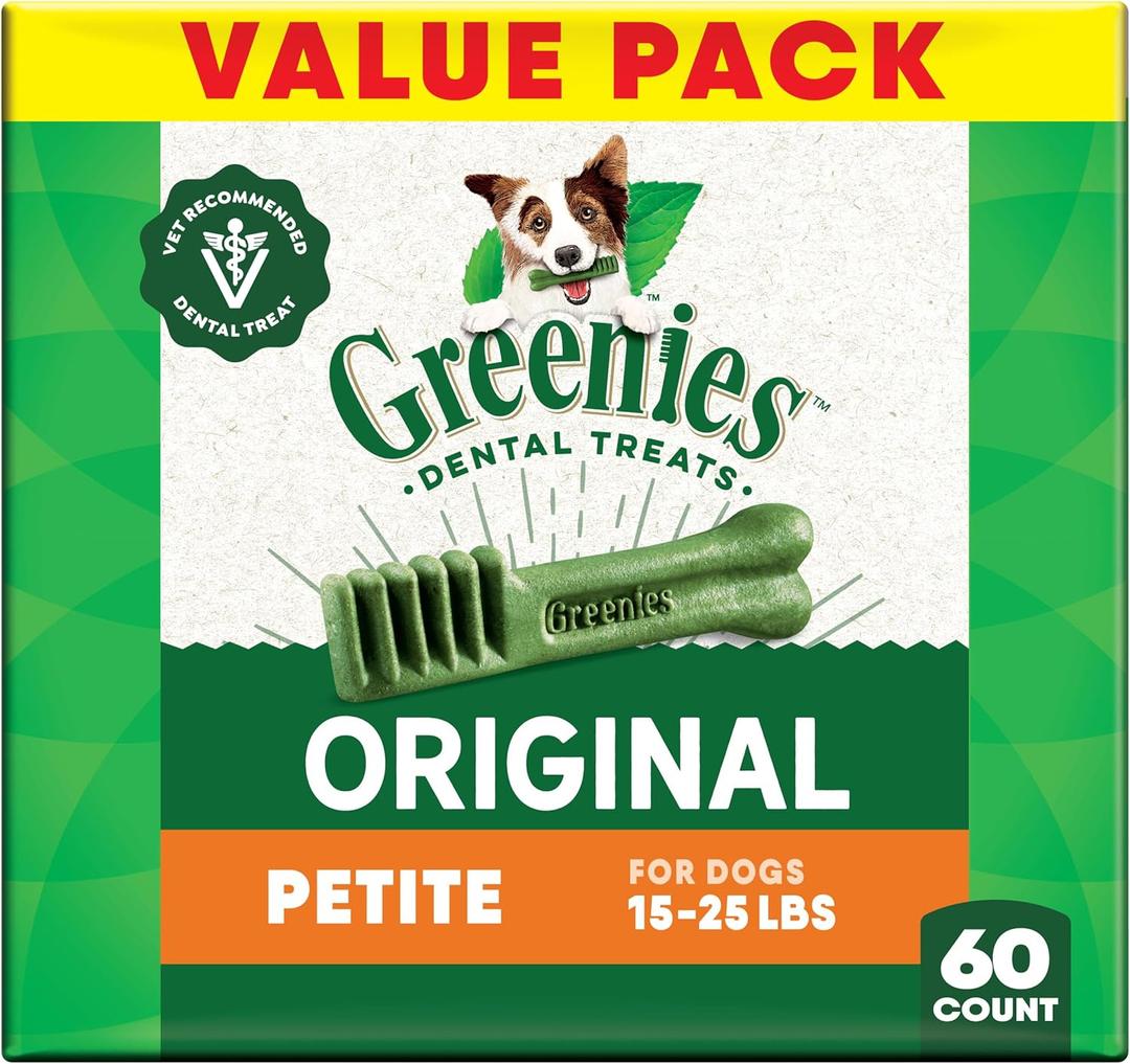 Greenies Veterinarian-Recommended Adult Natural Dental Dog Treats Petite Size, Original Flavor, 36 oz. Pack, 60 Count (EXP 02/18/27)