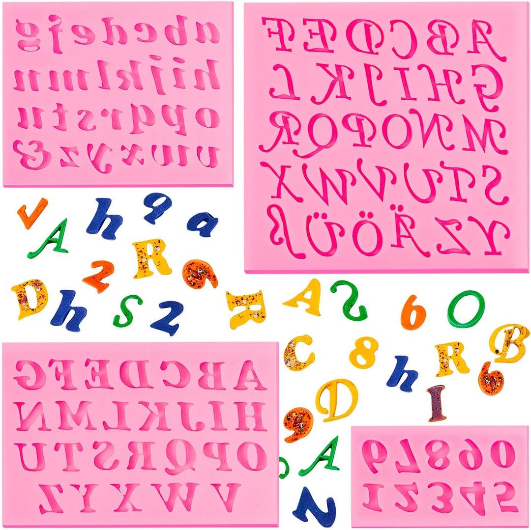 Patelai 4 Pcs Silicone Letter Molds Uppercase Lowercase Letter and 0-9 Numbers Molds for Chocolate Fondant Handmade Soap Making for Baking Cookies Desserts and Cake(Pink)