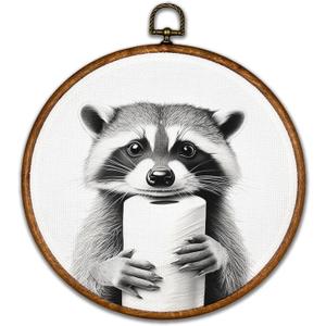 BCUANGD Bathroom Raccoon Round Wall Art Decor - Funny Raccoon Wall Art Canvas Frame Artwork Prints, Pet Animals in Bathtub Round Wall Hanging Decorations for Home Bathroom, 10"x10"