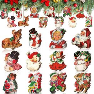 Huwena 36 Pcs Vintage Christmas Ornaments Wooden Christmas Tree Ornaments Wood Cutouts Rustic Farmhouse Tree Decorations for Home Xmas Winter Party (Deer,Vintage Color)