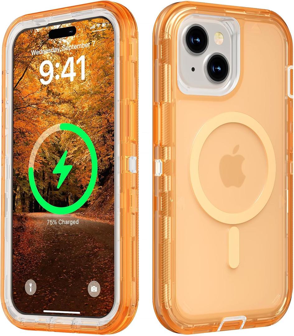 for iPhone 15 Plus Case, Compatible with MagSafe, Durable Dual Layer Transparent Magnetic Phone Cases, Heavy Duty Shockproof and Anti-Drop Protective Cover for iPhone 15 Plus, 6.7'', Orange