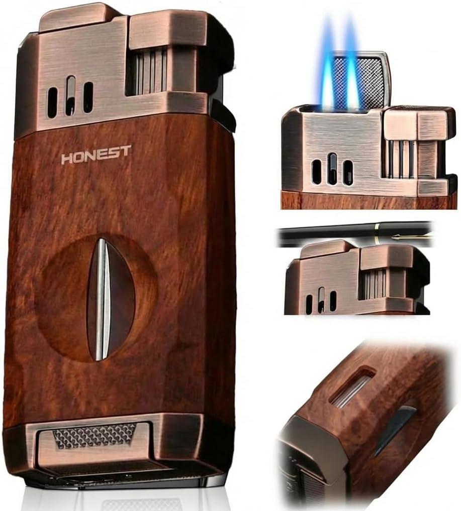 All-in-one Torch Lighter Windproof Outdoor Lighter with Dual Jet Flame Built-in Cutter, Butane Refillable and Flames Adjustable Torch Lighters for Travel, Outdoors(Butane Not Included)