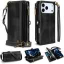 for iPhone 17 Pro Max Wallet Phone Case with 8 Card Holder,RFID Blocking | PU Leather | Kickstand | Flip | Wrist Strap&Shoulder Strap | Shockproof | Zipper Wallet | Women Men | 6.9" | Black