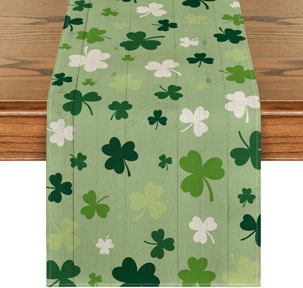 Artoid Mode Green Wood Shamrock St. Patrick's Day Table Runner, Seasonal Spring Kitchen Dining Table Decoration for Home Party Decor 13x72 Inch