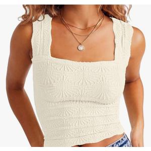 DouBCQ Women Cute Crop Tank Top Square Neck Wide Strap Vest Slim Fit Floral Lettuce Trim Cropped Cami Tops, Size L