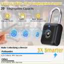 Fingerprint Padlock, Pothunder Smart Padlock, Locker Lock, Fingerprint Lock with APP Unlock, USB Rechargeable, Suitable for Gym Locker, Door(Black)