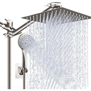 Shower Head Combo(Brushed Nickel),10'' High Pressure Rain Shower Head with 11'' Adjustable Extension Arm and 5 Settings Handheld, Powerful Shower Spray Against Low Pressure Water